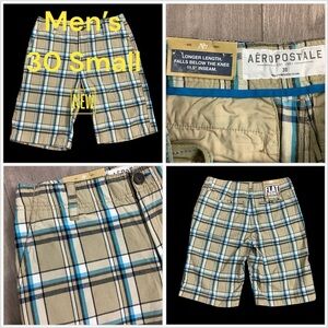Men’s AEROPOSTALE 30 Small Shorts Chino Khakis Longer Length Plaid Khaki NWT